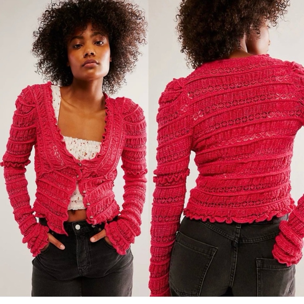Free People Women's Rose Pink Lace Cardigan Sweater Size Small
